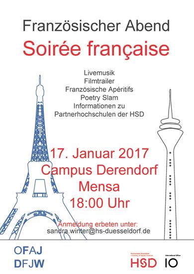 Plakat für den Französischen Abend am 17. Januar 2017. Links die Silhouette des Eifelturms in blau, rechts die Silhouette des Rheinturms in rot.